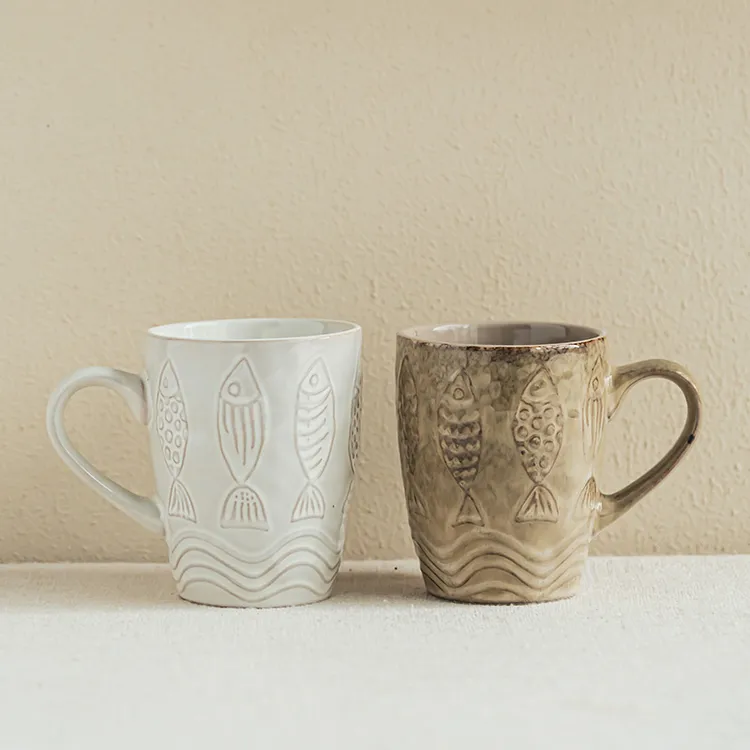 YE HOME 浮雕小鱼陶瓷马克杯北欧风咖啡杯家用高颜值早餐杯喝水杯