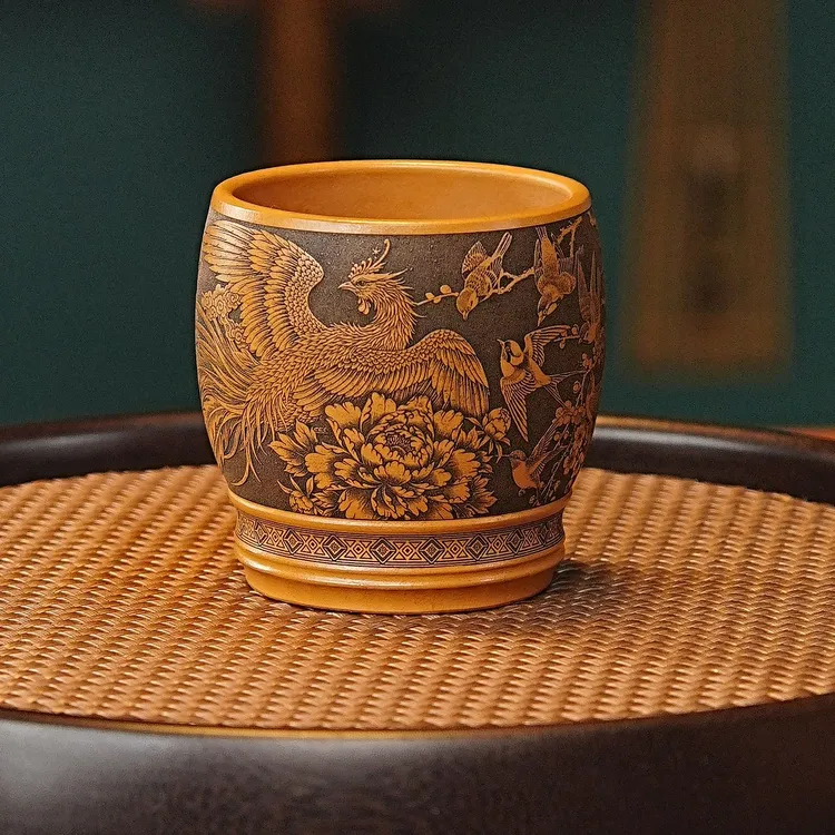 宜兴全手工紫砂茶具 原矿朱泥泥料刻绘百鸟朝凤主人杯品茗杯
