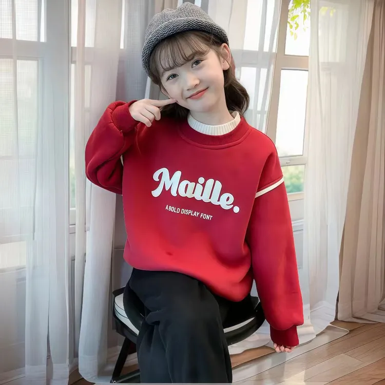 2024女童新年秋冬新款半高领加绒卫衣圆领韩版冬季保暖红色洋气