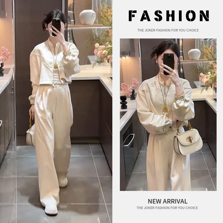 2025早春新款国风复古新中式提花拼接拉链上衣设计感阔腿裤两件套