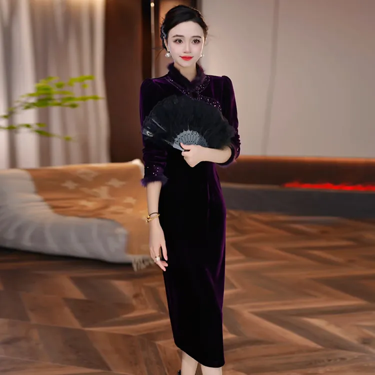 2025秋冬新中式妈妈丝绒连衣裙长袖立领修身显瘦气质中长款高级感