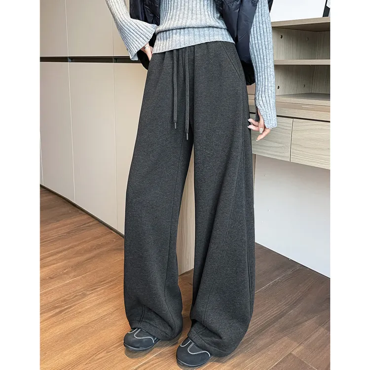 加绒窄版阔腿裤女秋冬季2025新款高腰垂感直筒百搭休闲毛呢糯米裤