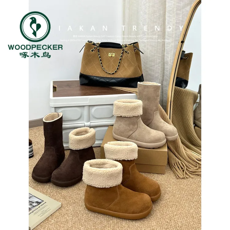 啄木鸟内增高雪地靴女2025冬季新款时尚厚底短靴两穿加绒保暖棉鞋