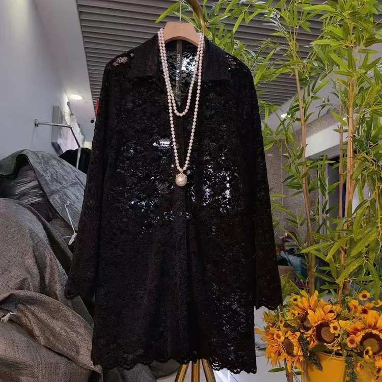 【新款大码】法式西装领蕾丝衫上衣气质时尚宽松中长款时髦9212