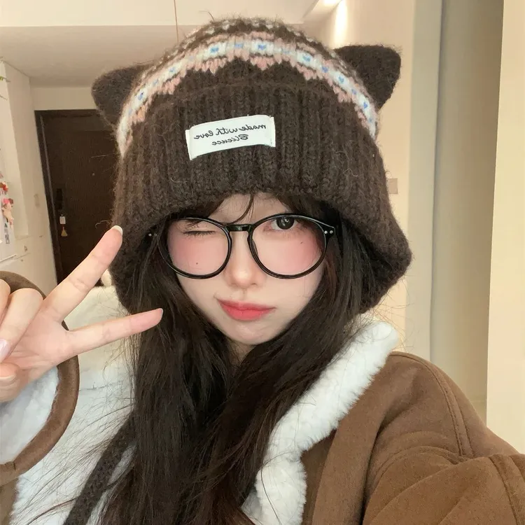 可爱猫耳朵费尔岛毛线帽女冬季加绒保暖帽子包头帽针织帽显脸小潮