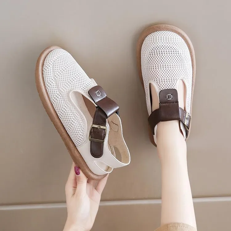 包头凉鞋女2025新款夏季网面透气复古罗马鞋皮带扣亚麻镂空洞洞鞋