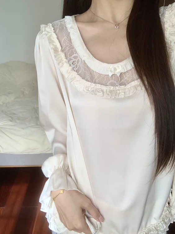 法式甜美宫廷风裸色蕾丝花边睡衣女长袖长裤宽松家居服套装可外穿