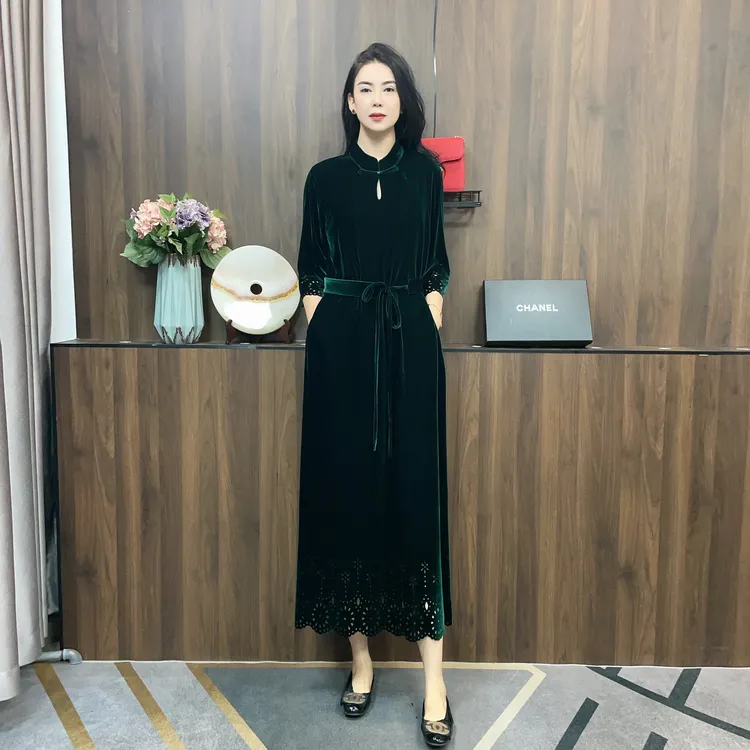 【吉祥】【微瑕】2025秋季新款新中式旗袍款七分袖丝绒连衣裙