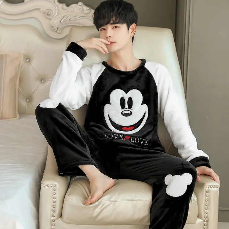 男秋冬季睡服青少年套装睡衣大码圆领法兰绒简约男士家具服家居装