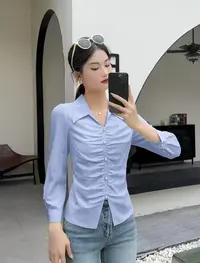 24135#2025秋款法式小众设计感高级褶皱V领长袖针织衬衫时尚百搭