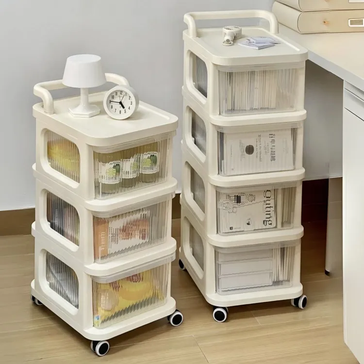 小推车零食抽屉式置物架多层收纳落地移动家用客厅玩具储物架奶油