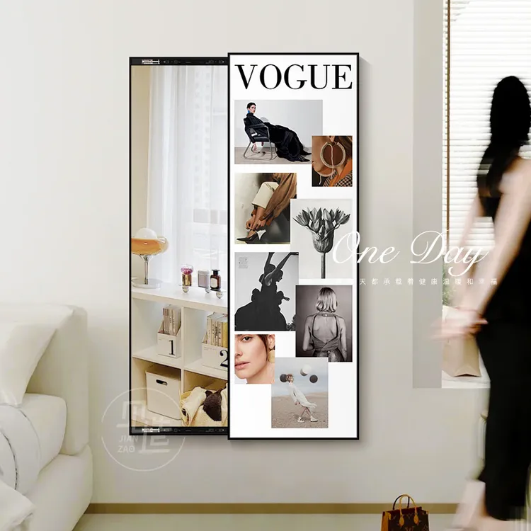 时尚杂志海报暗藏式可推拉全身镜装饰画ins风玄关走廊衣帽间挂画