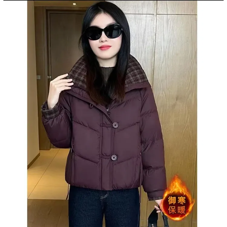 时尚显瘦短款宽松加厚保暖棉服女2025冬季新款格纹立领休闲外套潮