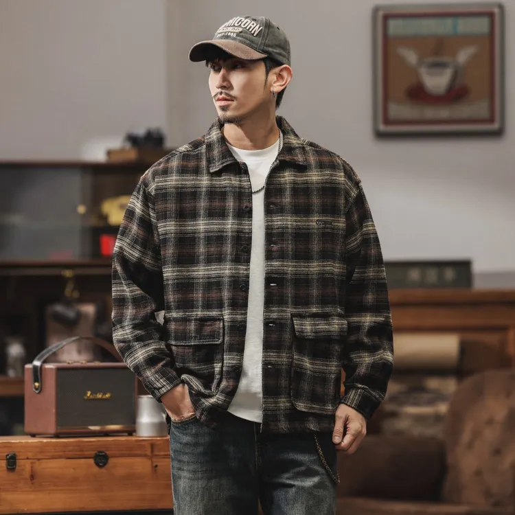 XK-218秋季美式复古纯棉长袖格子衬衫男宽松大码衬衫休闲外套