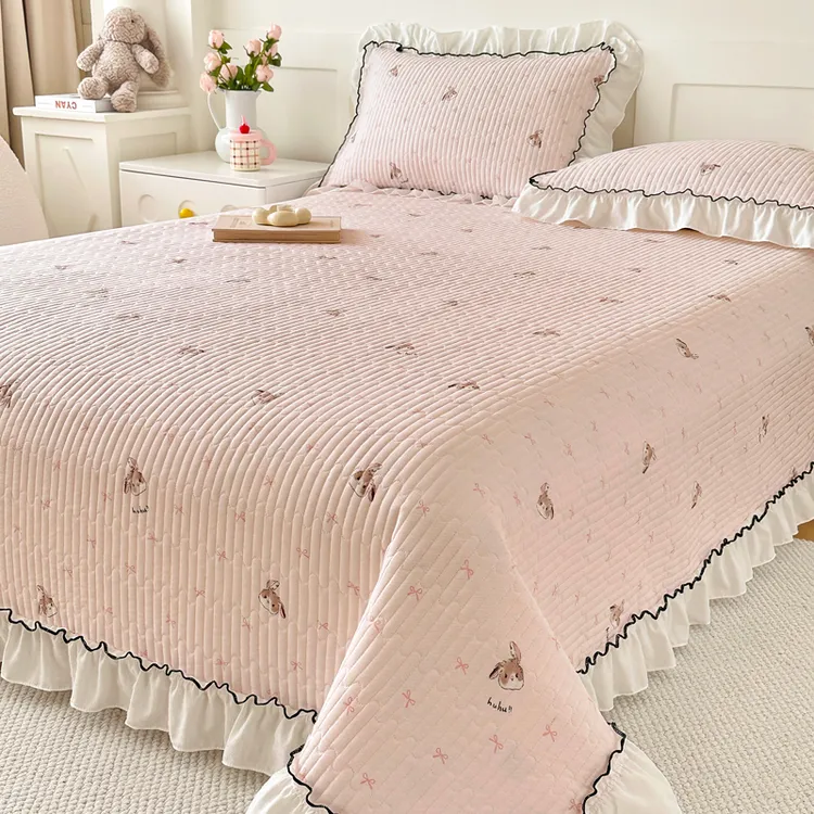 公主风双层纱花边单件床盖夹棉加厚床单三件套四季通用1.8床1.5床