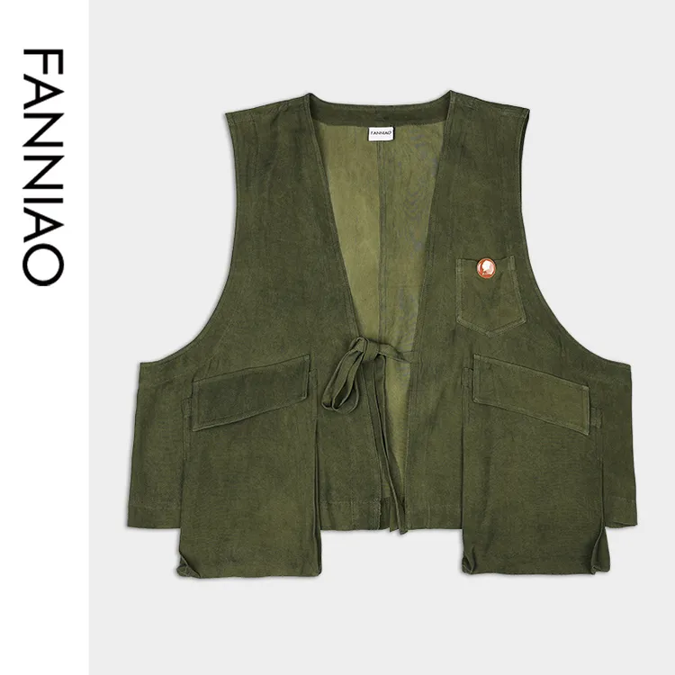 凡鸟F251Y001原创复古马甲文艺时尚纯色简约军绿色休闲美式马夹