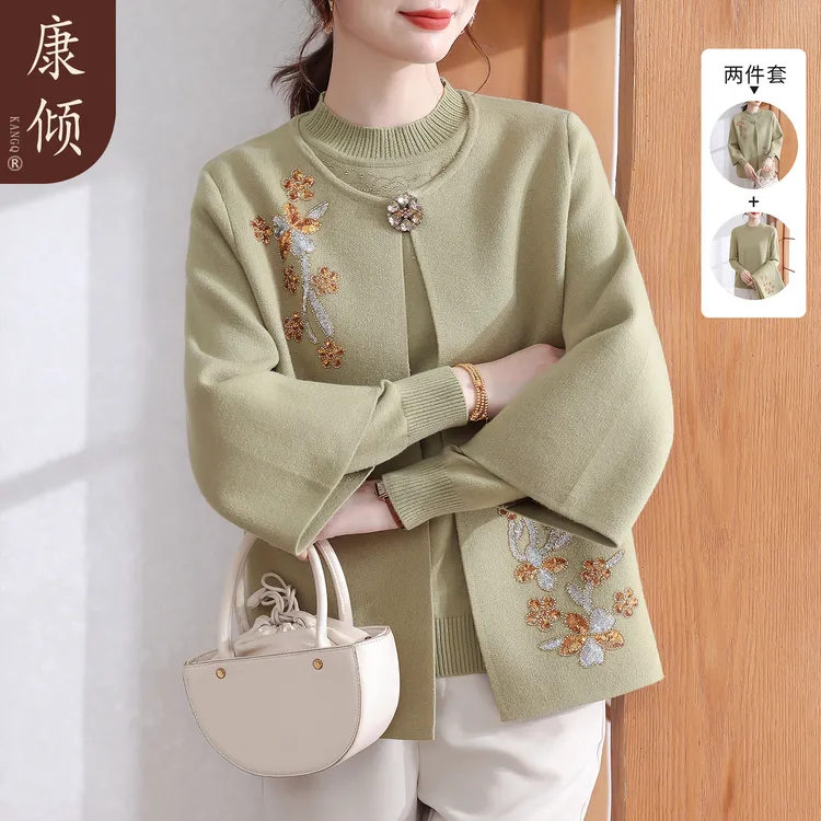 妈妈秋装百搭绣花针织外套短款衣服中老年女装2025新款毛衣两件套