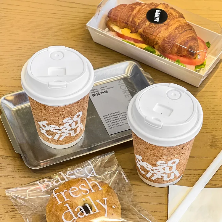 一次性软木杯子木皮咖啡杯带盖奶茶热饮树皮纸杯外带打包商用定制