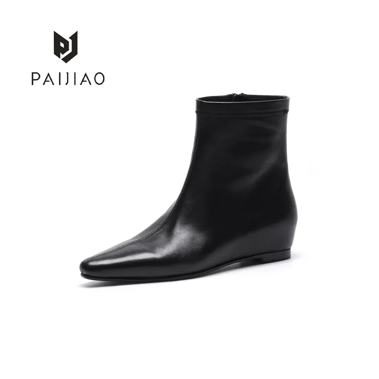 新款羊皮尖头女靴气质极简风侧拉链短靴秋冬单靴软底靴子XC1101-1