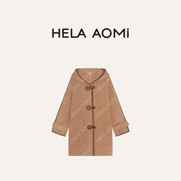 HELA AOMI “皮牛角”绵羊毛5%骆驼绒学院风连帽大衣CY5DM08576