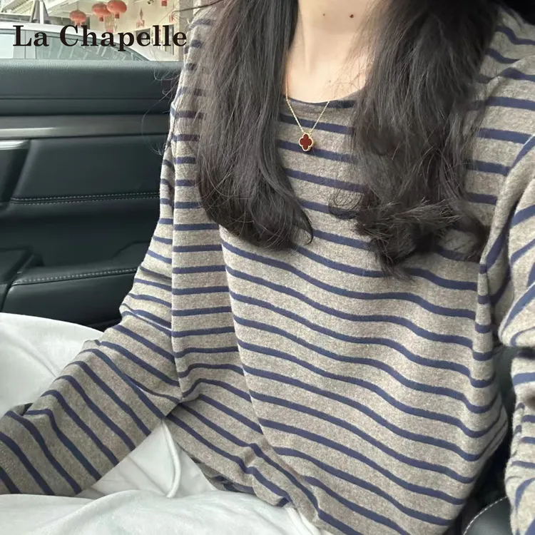 拉夏贝尔韩系撞色条纹长袖t恤女秋季2025新款慵懒风宽松打底上衣