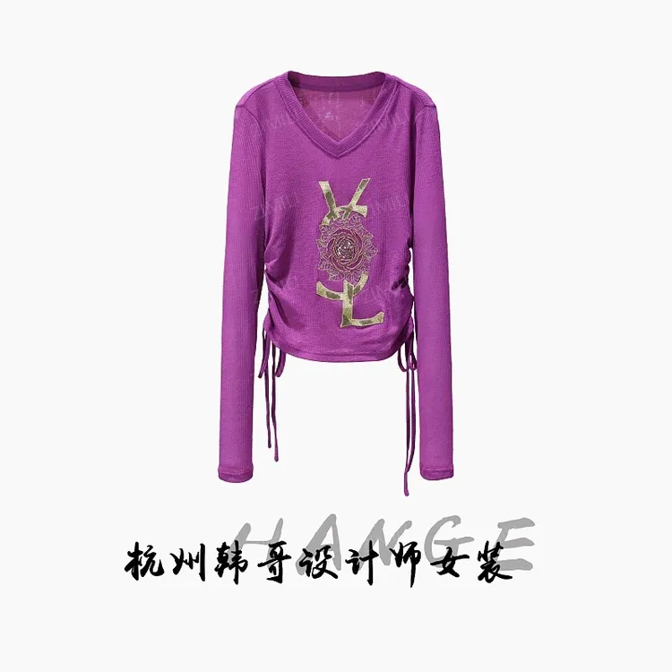 【韩哥女装】茄子紫刺绣V领收腰时尚休闲皮肤衣8028