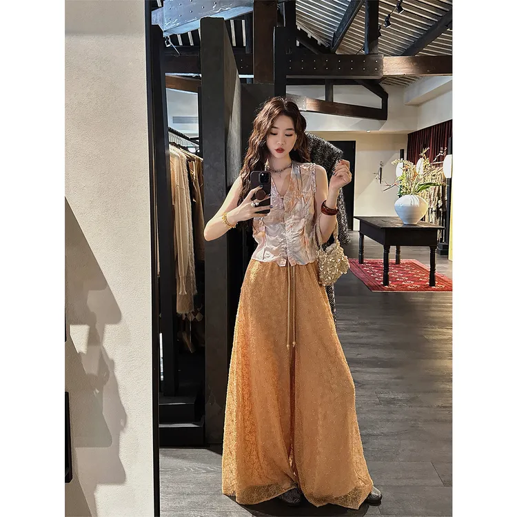 三吉黑花【昭昭】新中式钉珠绳绣阔腿裤子女款夏季薄款2025新款潮
