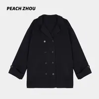 『PEACHZHOU』双排扣磨破宽松翻领中长款外套休闲通勤时装感风衣
