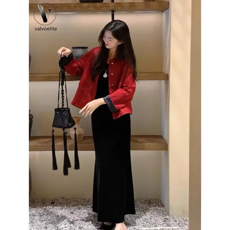 VALVOELITE新中式国风套装裙唐装红色外套吊带裙新年过年拜年服两