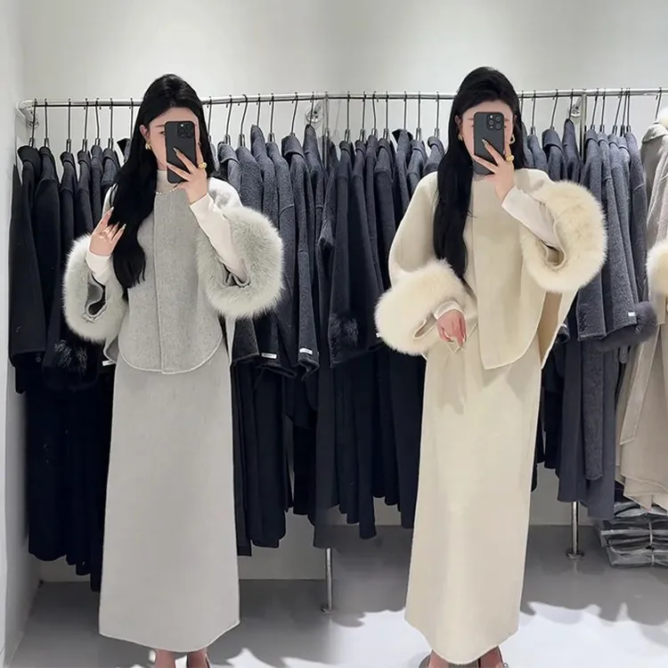 冬季新款时尚洋气简约气质名媛风斗篷毛呢外套半身裙套装大码显瘦