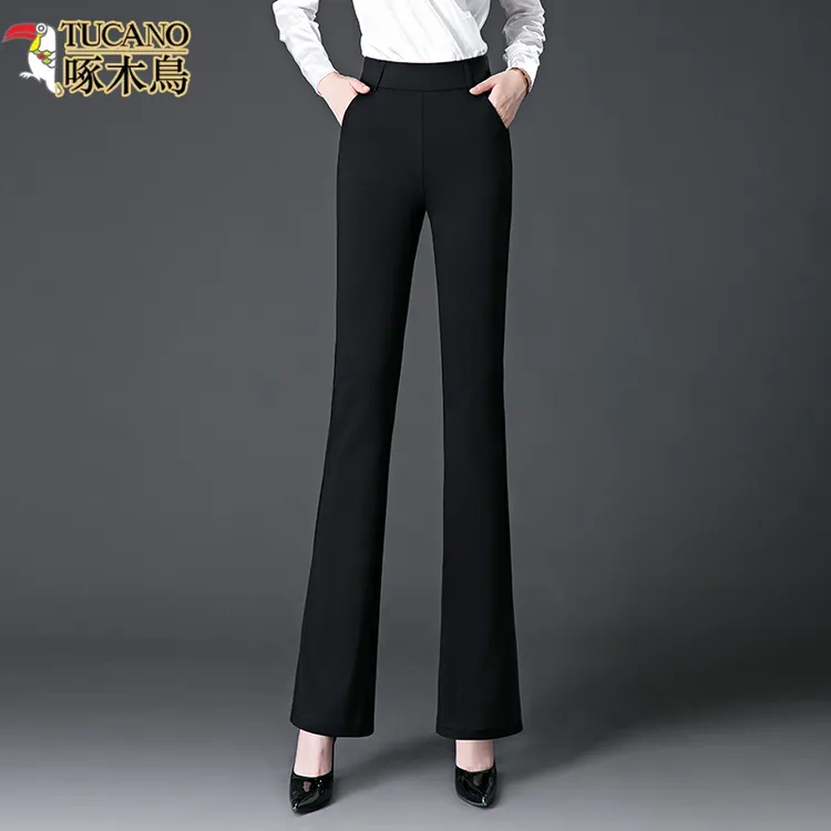 啄木鸟品牌时尚高腰显瘦微喇裤女春秋款修身微喇叭弹力百搭休闲裤