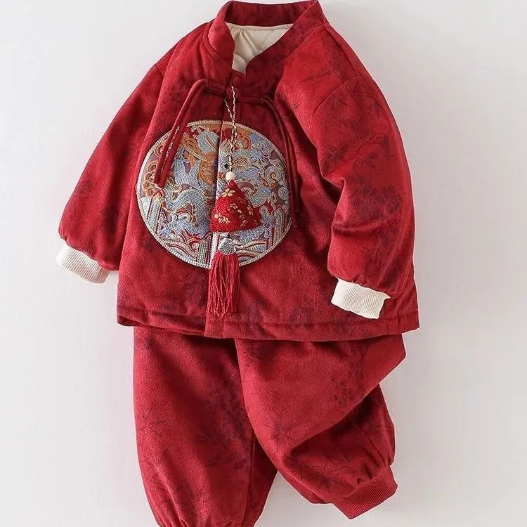 宝宝冬季红色喜庆婴儿新中式抓周服周岁礼服绣花加绒套装一整套