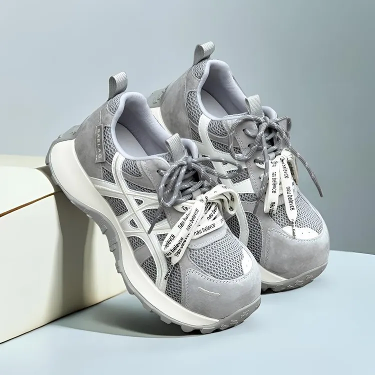 2026春季真皮网面厚底阿甘鞋女百搭潮流老爹鞋女复古系带红色单鞋