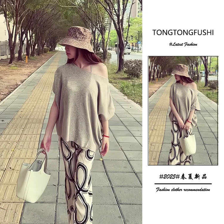 夏季2025新款一整套女装韩系穿搭慵懒风宽松斜肩上衣阔腿裤两件套