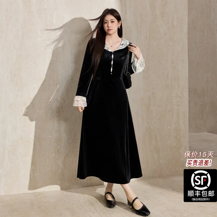 蓝语女装法式赫本风蕾丝拼接丝绒连衣裙2025秋冬新款气质小黑裙