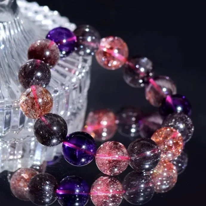 天然辰砂超七水晶手链金草莓紫发晶钛金三轮骨干手串单圈九紫