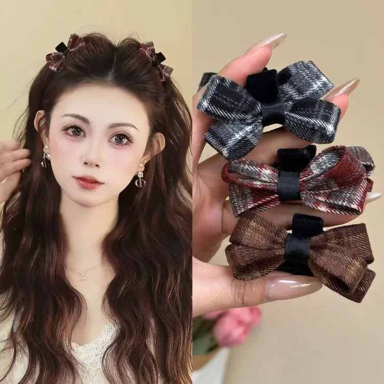 韩系布艺格纹蝴蝶结抓夹小号公主侧边刘海夹发夹