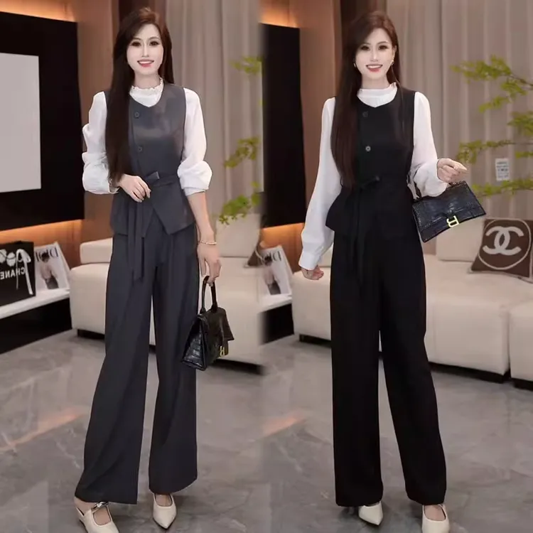 拉夏贝尔时尚套装女2025秋季新款长袖衬衫马甲阔腿裤气质三件套潮