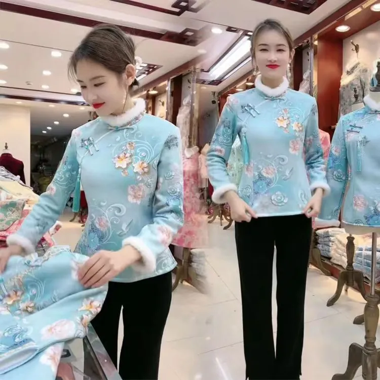 旗袍冬款加绒碎花民族风中式洋气显瘦改良旗袍短款上衣