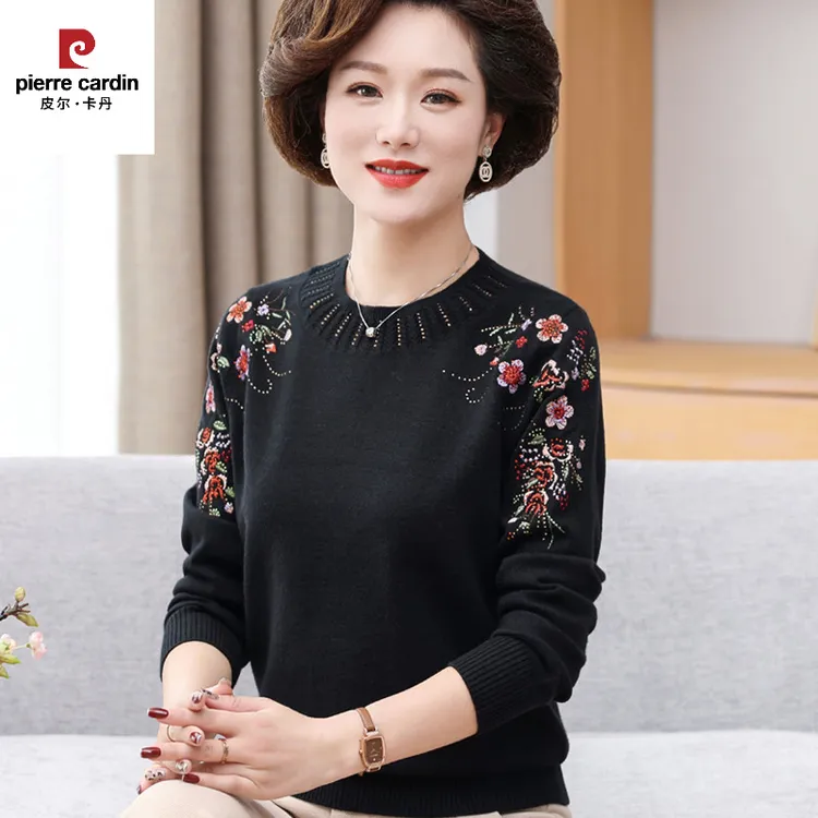 皮尔卡丹妈妈款秋装羊毛衣中年女圆领内搭上衣服50岁岁60岁中老年