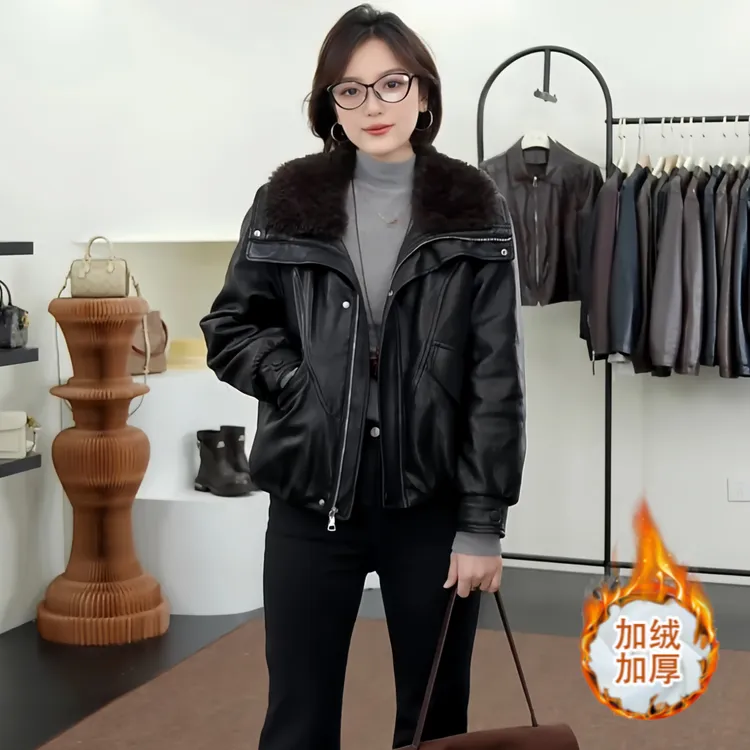 时尚毛领皮衣女士短款外套冬季新款保暖PU皮夹克加绒加厚宽松上衣