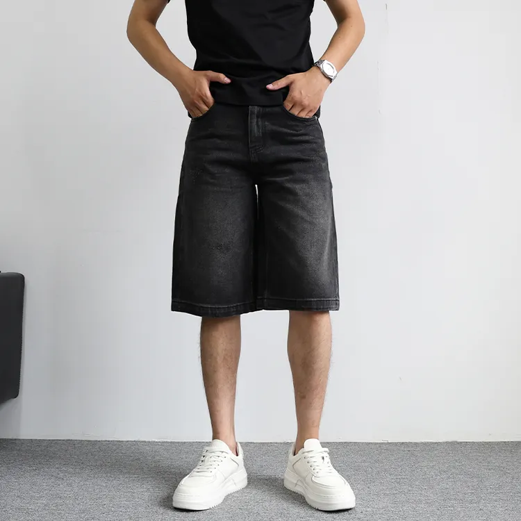 夏季美式复古水洗黑灰薄款宽松直筒七分裤休闲百搭vibe牛仔短裤男