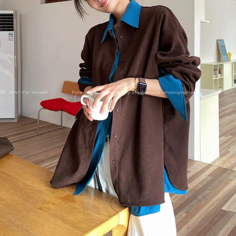 西装领【墨咖深海】冬季复古设计感百搭咖色撞色拼接假两件廓形显