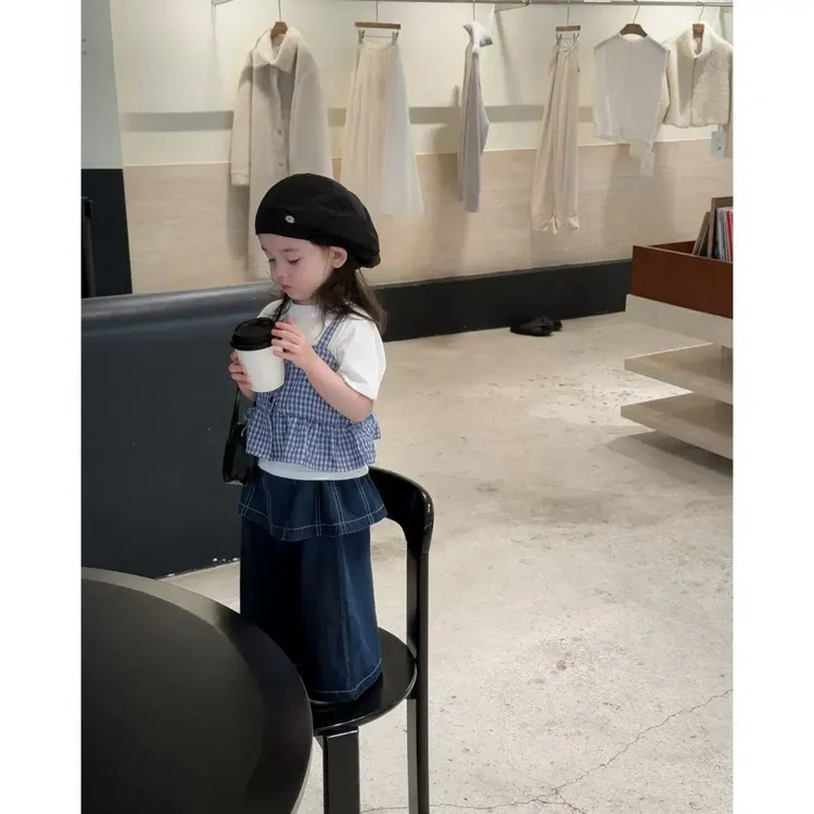 女童夏装套装2025新款网红儿童洋气格子背心女宝屁帘牛仔裤三件套