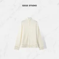 【格格】超细超软巴素兰100绵羊毛下摆钩花镂空百搭针织衫