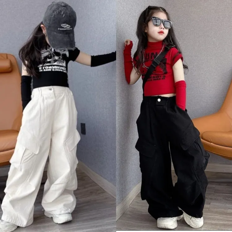 女童春装套装2025新款儿童洋气时髦断袖打底衫中大童工装裤两件套