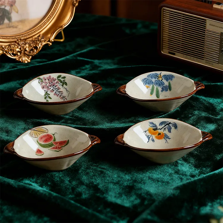 舍里复古水墨画双耳陶瓷味碟小菜碟家用调味蘸料碗酱油醋碟小吃碟