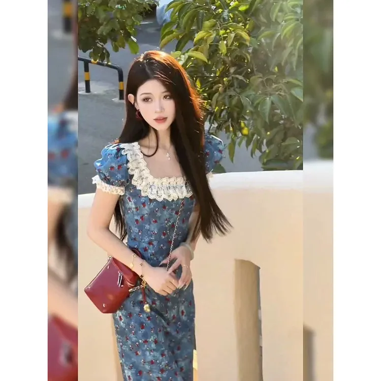 溪溪靓衫落日玫瑰法式蓝色碎花连衣裙女夏小众设计气质显瘦长裙子