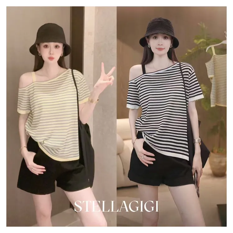SG / 郭幂幂 SS 时髦慵懒风 露肩条纹显瘦短袖T-20250434