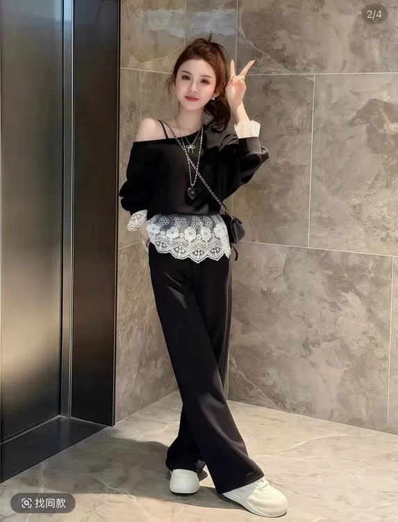 DD家2571秋季休闲风INS风时尚套装简约风套装长裤蕾丝拼接